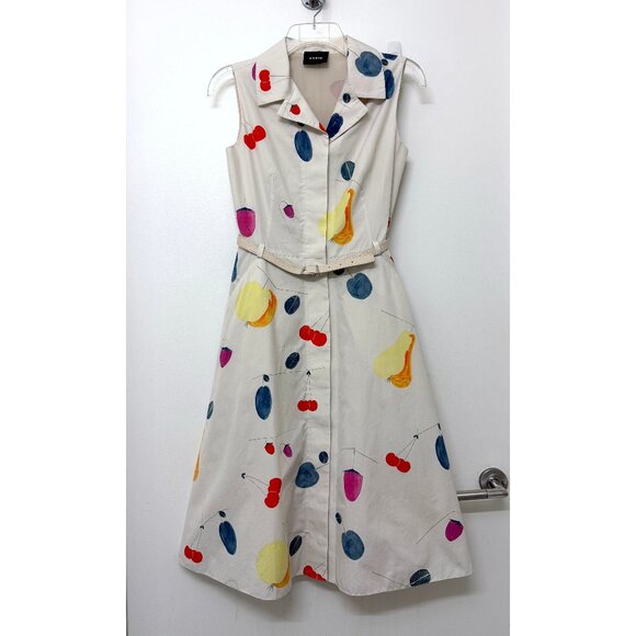 Akris Fruit Print Shirt Dress Cotton Beige Gray Greige Rainbow Colorful Belted 6 - Picture 2 of 16